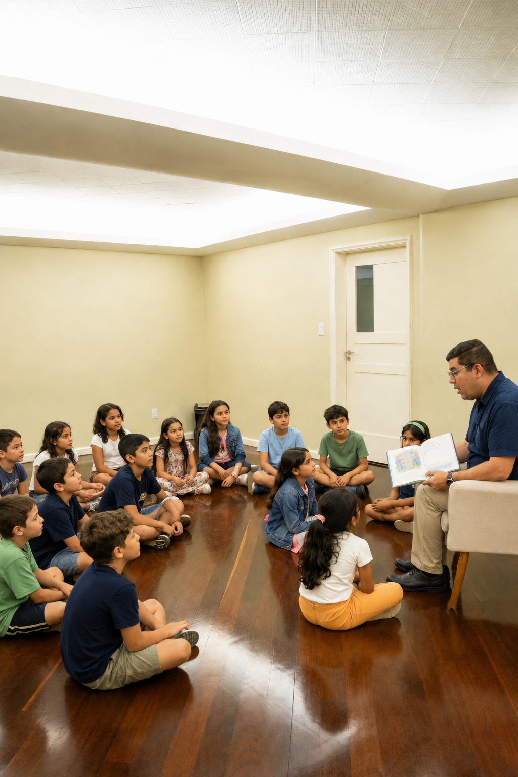 Professor lendo em círculo com as crianças.